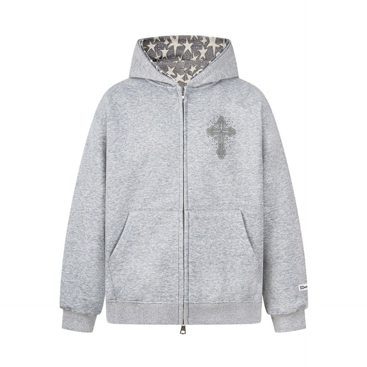 eprolo Retro Cross Rhinestone Hoodie grey zip up with rhinestone cross front star print hood lining and pockets