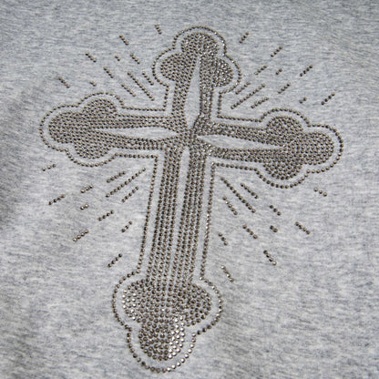 Retro Cross Rhinestone Hoodie grey close up showing sparkling rhinestone cross embellishment on soft fabric