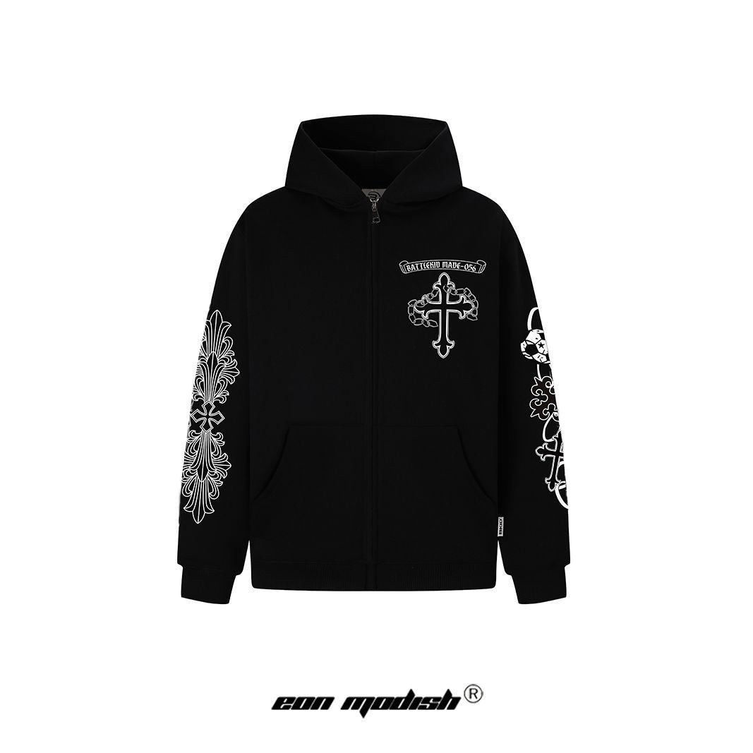 eprolo black zip up Street Style Cross Print Hoodie with white ornate sleeve graphics and front cross