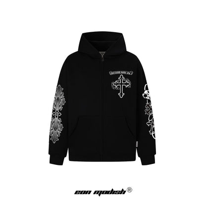 eprolo black zip up Street Style Cross Print Hoodie with white ornate sleeve graphics and front cross
