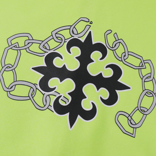Street Style Cross Print Hoodie lime green fabric with black ornate cross and grey chain motif close up
