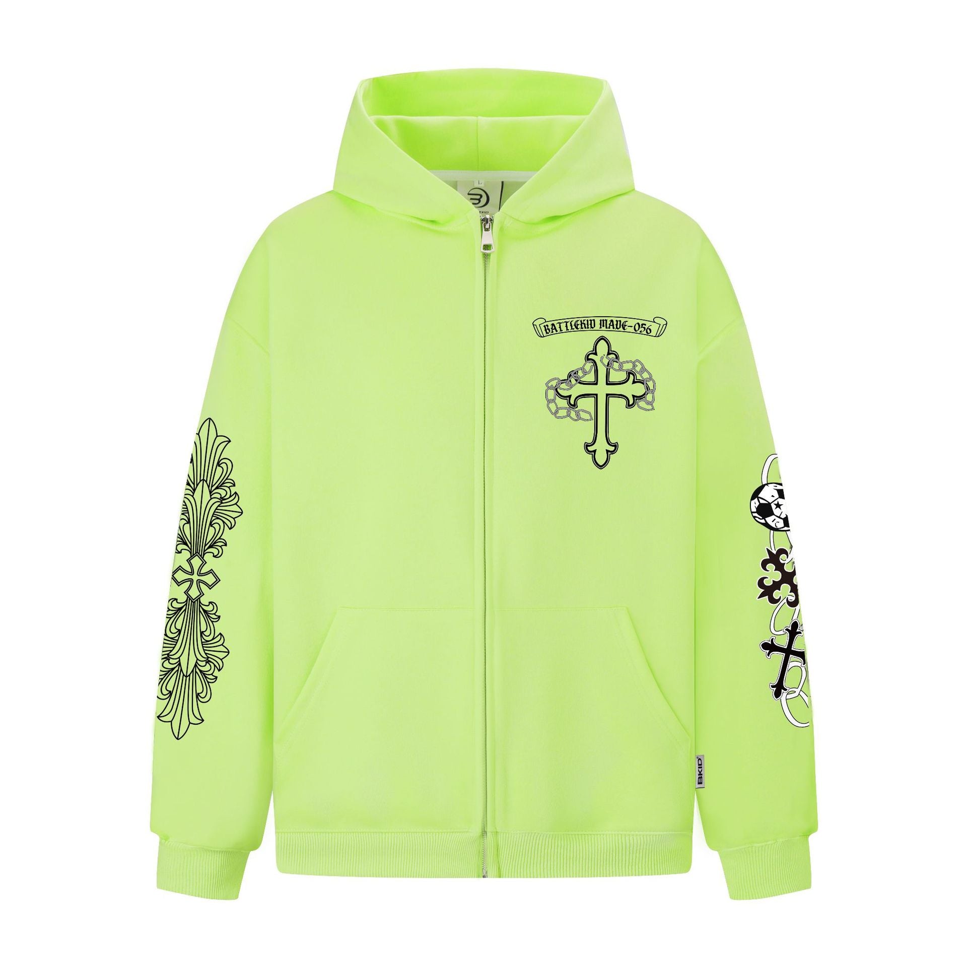Neon lime zip hoodie with black cross chest and sleeve graphics by eprolo Street Style Cross Print Hoodie for casual wear
