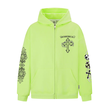 Neon lime zip hoodie with black cross chest and sleeve graphics by eprolo Street Style Cross Print Hoodie for casual wear
