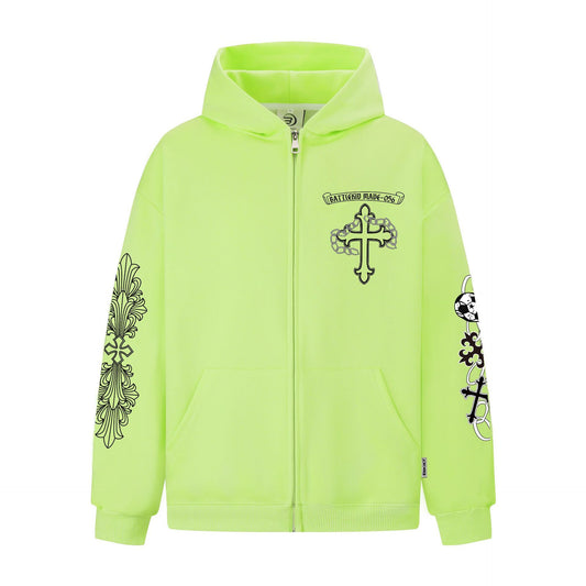 Neon lime zip hoodie with black cross chest and sleeve graphics by eprolo Street Style Cross Print Hoodie for casual wear