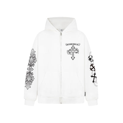 eprolo Street Style Cross Print Hoodie white zip up with black ornamental cross prints on chest and sleeves