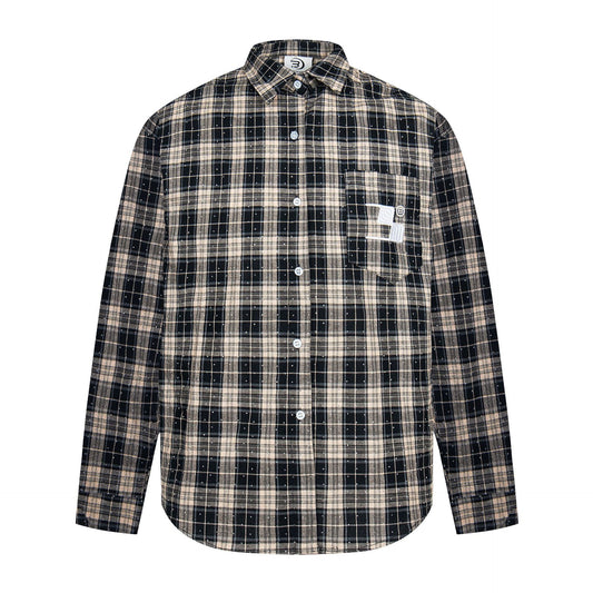 Street Style Diamond Embroidery Shirt black and beige plaid long sleeve buttoned shirt with chest pocket