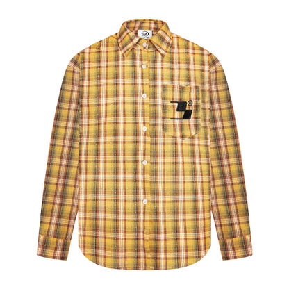 Street Style Diamond Embroidery Shirt yellow plaid long sleeve button shirt with chest pocket and black logo embroidery