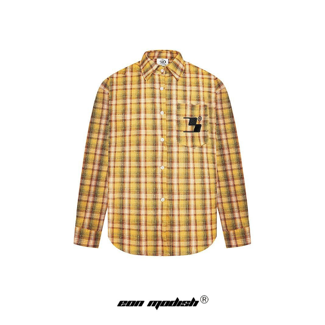 Street Style Diamond Embroidery Shirt yellow checked long sleeve button shirt with chest pocket and black logo