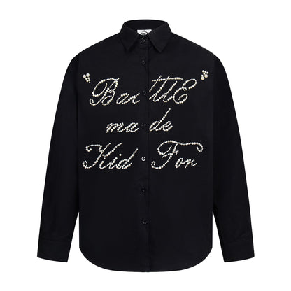 eprolo black long sleeve collared button up street style beaded shirt with pearl script lettering