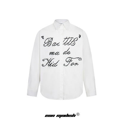 eprolo white long sleeve button shirt with black beaded script across chest street style beaded shirt for casual outfits