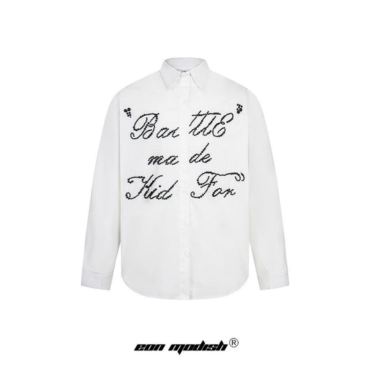 eprolo white long sleeve button shirt with black beaded script across chest street style beaded shirt for casual outfits
