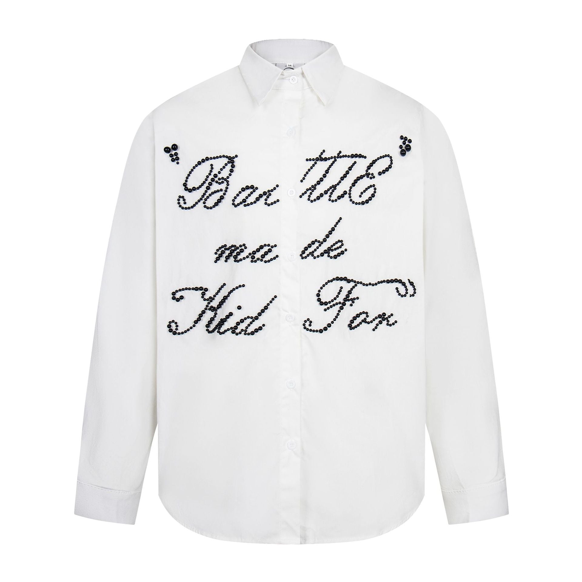 Eprolo white long sleeve button shirt with black script bead embellishment across chest street style beaded shirt