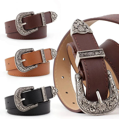 Ladies Carved Metal Buckle Leather Belt trio in brown tan and black with ornate western style engraved buckle