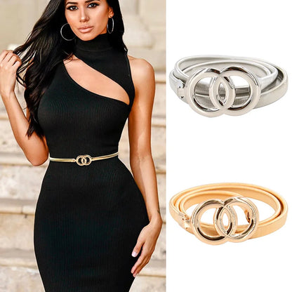 Luxurymania24 Ladies Carved Metal Buckle Leather Belt shown in gold on model and silver product shots