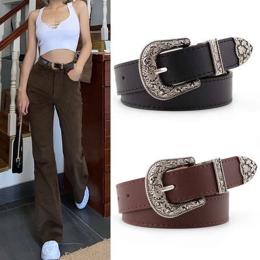 Ladies Carved Metal Buckle Leather Belt from Luxurymania24 in black and brown with ornate carved metal buckle