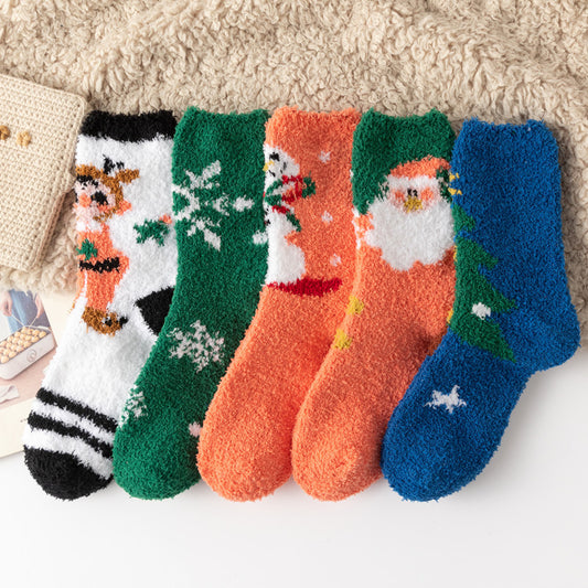 Coral Fleece Christmas Socks set of five fluffy festive designs including Santa snowman reindeer and snowflakes