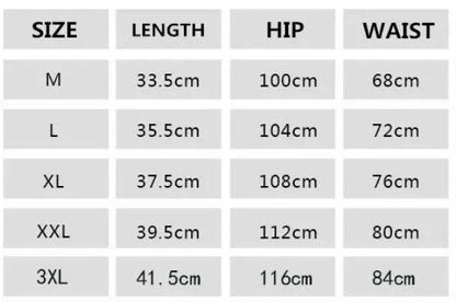 Size chart for Luxurymania24 fitness running shorts for men showing length, hip, and waist measurements