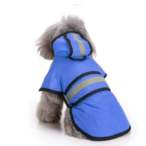 Four seasons pet raincoat in blue with reflective strips for dogs on a rainy day