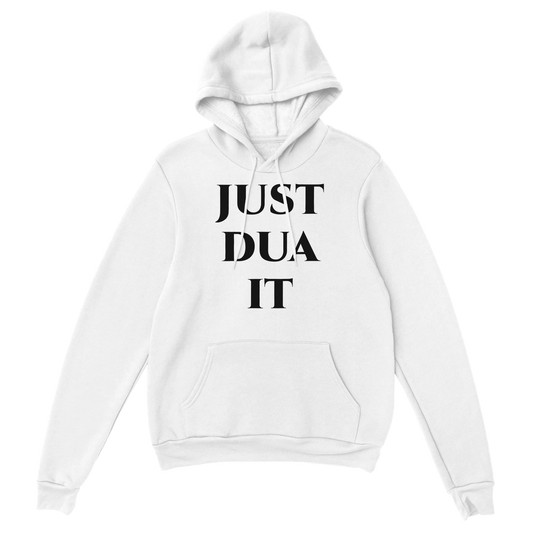 White classic Gildan 18500 hoodie featuring the text Just Dua It, perfect for casual wear