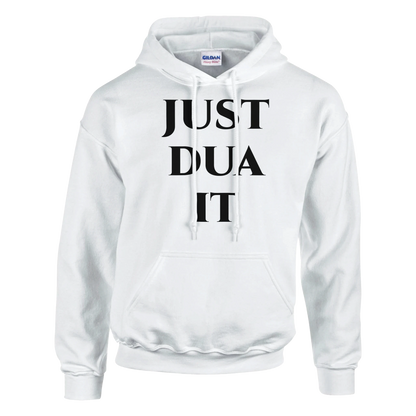 Classic Gildan 18500 hoodie in white featuring bold black 'Just Dua It' text design