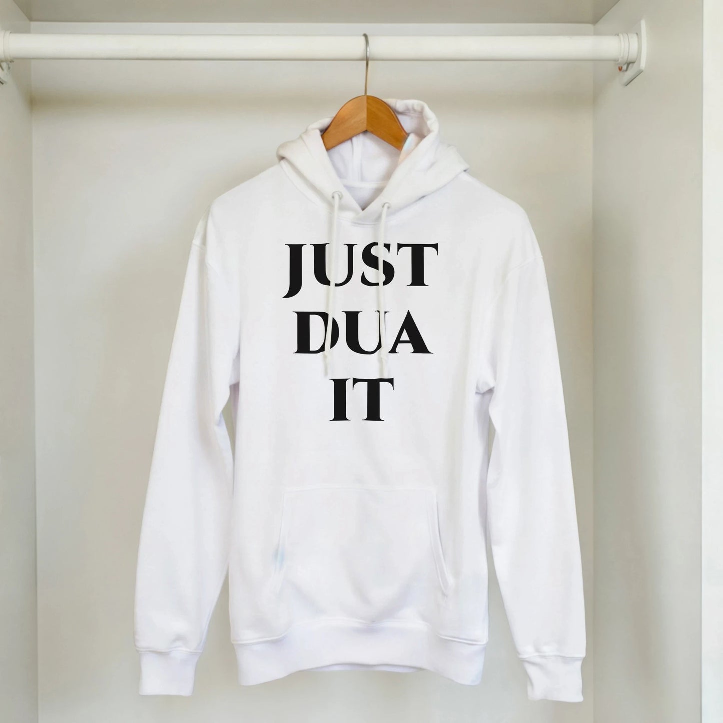 Classic Gildan 18500 hoodie in white with bold 'Just Dua It' graphic design