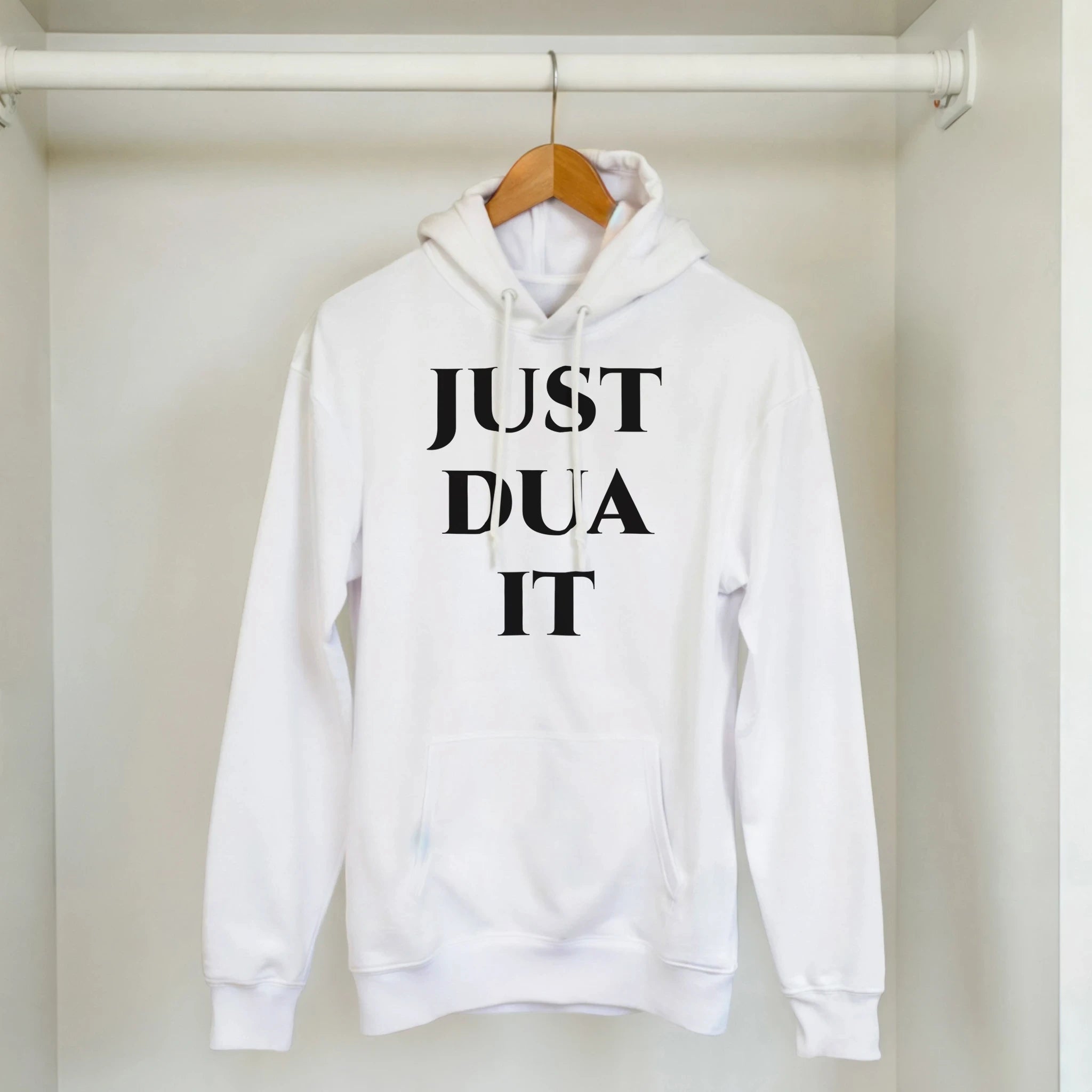 Classic Gildan 18500 hoodie in white with bold 'Just Dua It' graphic design