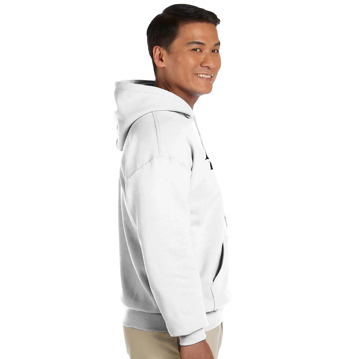 Side view of a man wearing a classic Gildan 18500 hoodie in white, showcasing a comfortable fit