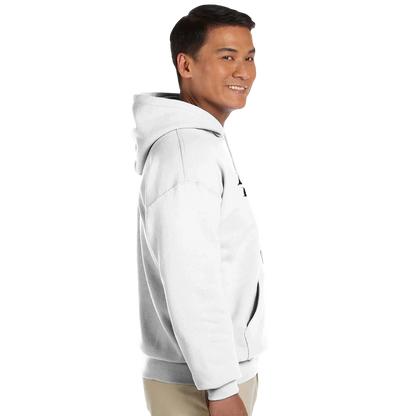 Side view of a man wearing a classic Gildan 18500 hoodie in white, showcasing a comfortable fit