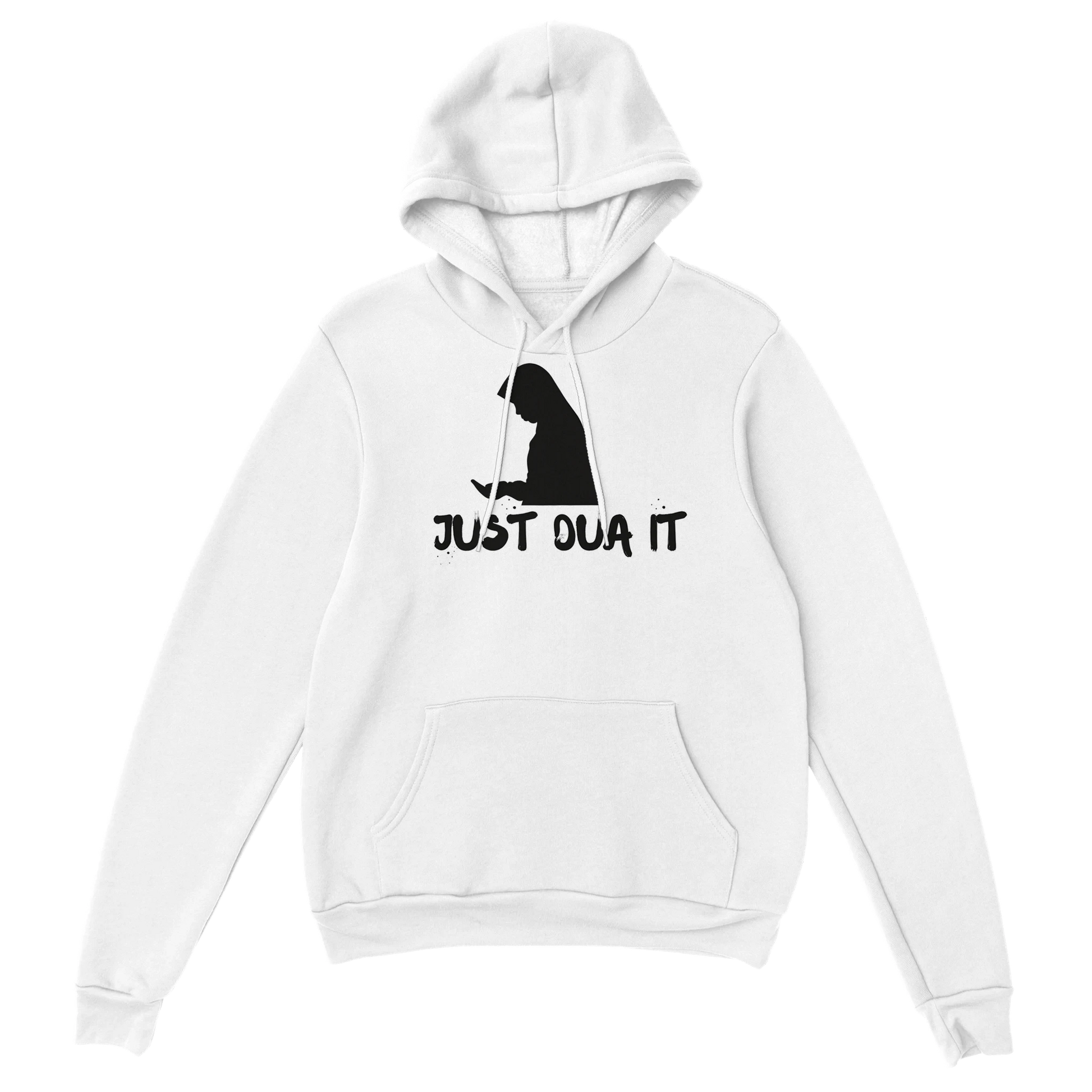White Gildan 18500 pullover sweatshirt with black Just Dua It print and hood by Luxurymania