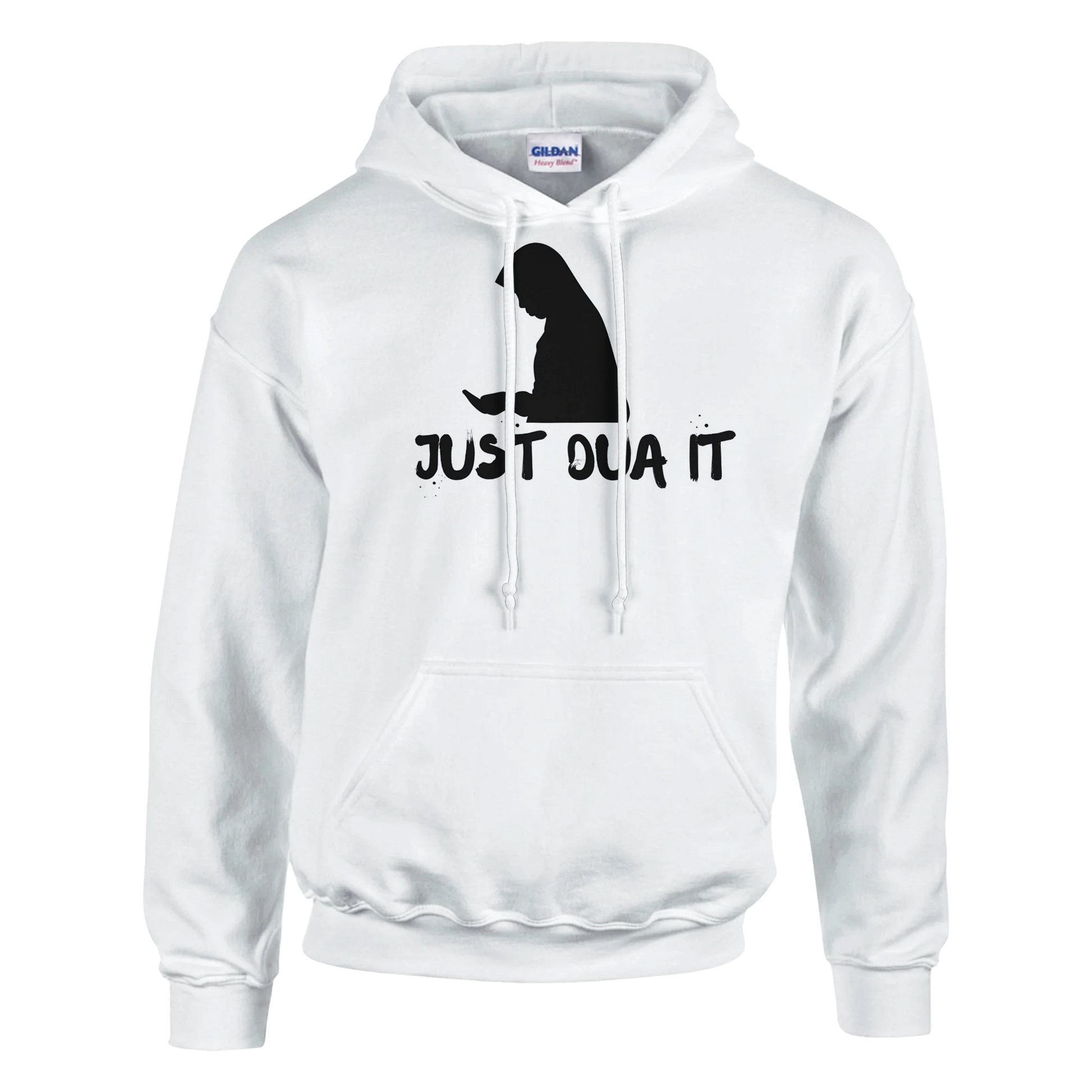 White Gildan 18500 pullover sweatshirt with black silhouette and Just Do It graphic print