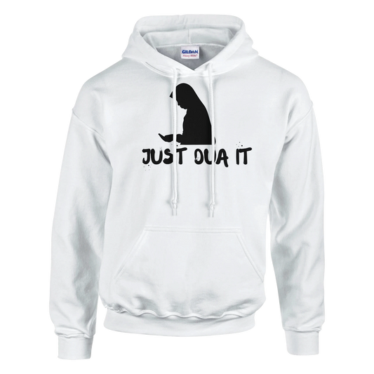 White Gildan 18500 pullover sweatshirt with black silhouette and Just Do It graphic print