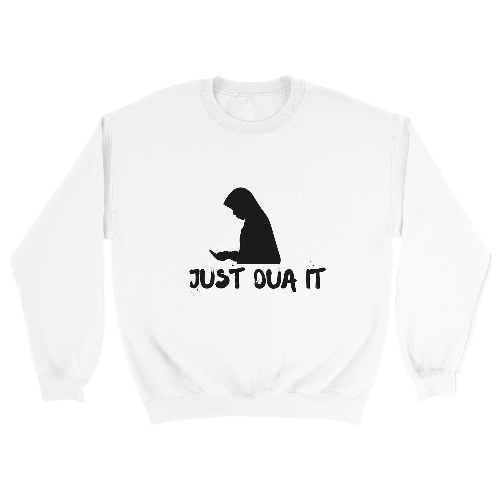 White classic unisex pullover hoodie with black silhouette and Just Dua It text print by Luxurymania24