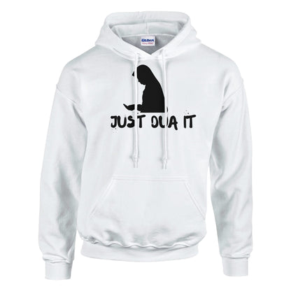 Luxurymania24 unisex white pullover hoodie with black silhouette and Just Do It print