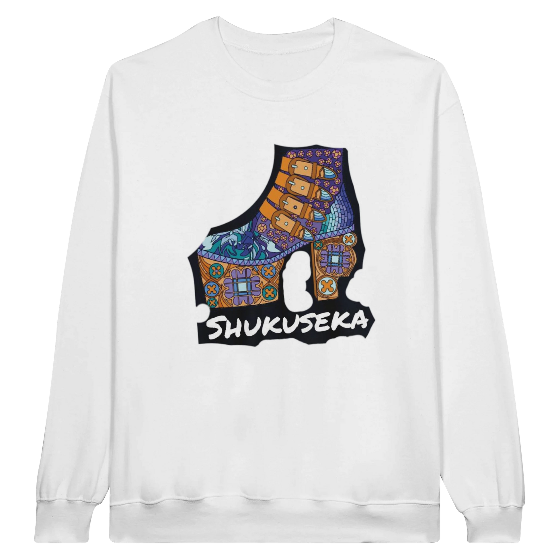 Gildan white crewneck sweatshirt featuring a vibrant Shukuseka graphic print design