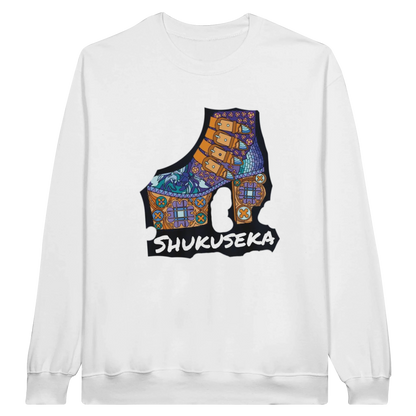 Gildan white crewneck sweatshirt featuring a vibrant Shukuseka graphic print design