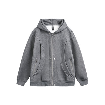 eprolo grey zip hoodie with hood and side zip pockets in relaxed cut High Street Loose Fit sweatshirt