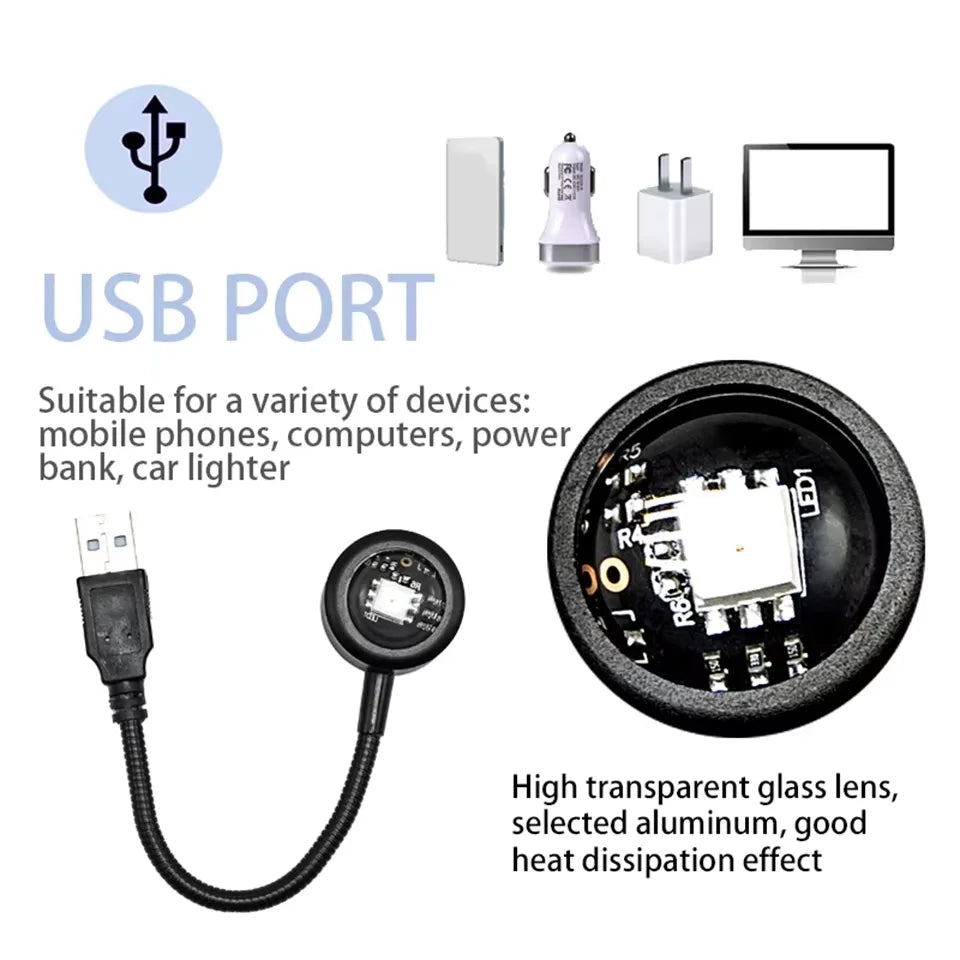 USB-powered bedroom mood light in black with glass lens