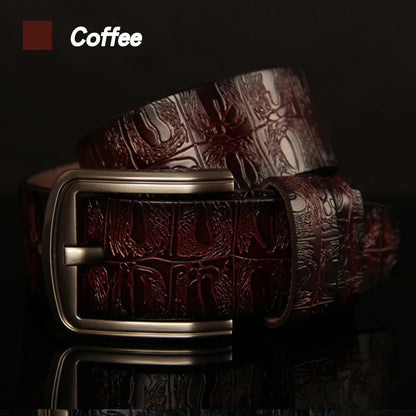 Luxurymania24 coffee crocodile embossed leather belt with brass pin buckle high quality pin buckle belt male