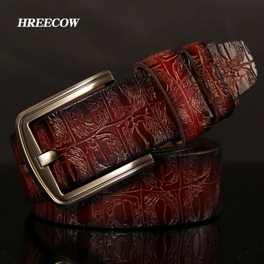 Brown embossed leather belt with antique brass pin buckle stylish dress accessory high quality pin buckle belt male