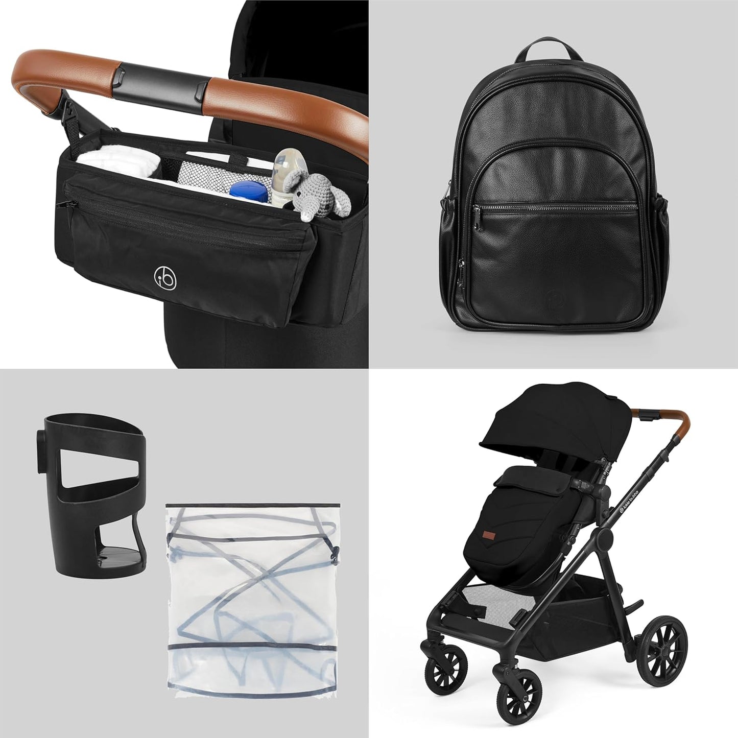 Ickle Bubba Virgo Twin travel system with black stroller, diaper bag, cup holder, and storage organizer