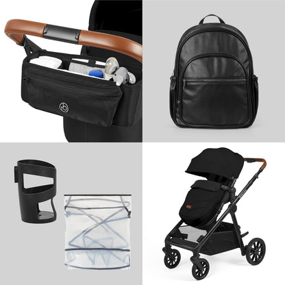 Ickle Bubba Virgo Twin travel system with black stroller, diaper bag, cup holder, and storage organizer