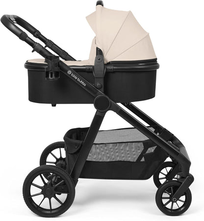 Ickle Bubba Virgo Twin travel system beige bassinet stroller with black frame and large storage basket