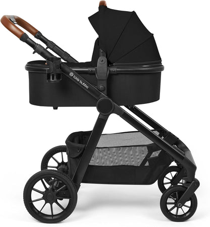 Ickle Bubba Virgo Twin travel system in black with leather handle and spacious storage basket