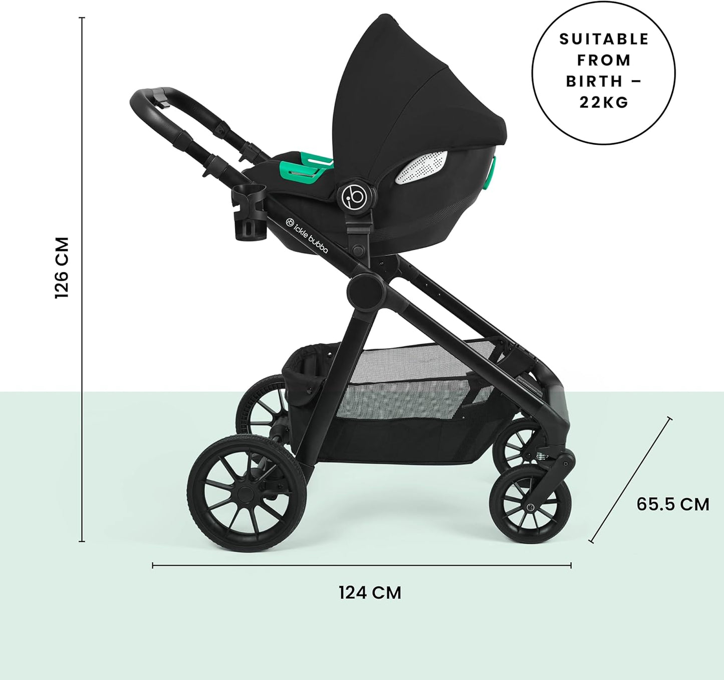 Luxurymania Ickle Bubba Virgo Twin travel system black stroller with dimensions and suitable from birth to 22kg