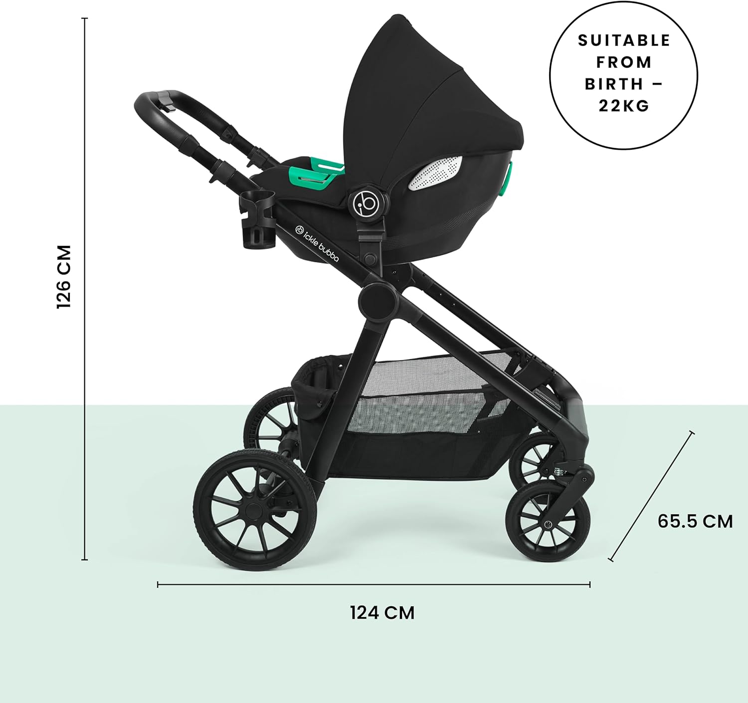Luxurymania Ickle Bubba Virgo Twin travel system black stroller with dimensions and suitable from birth to 22kg