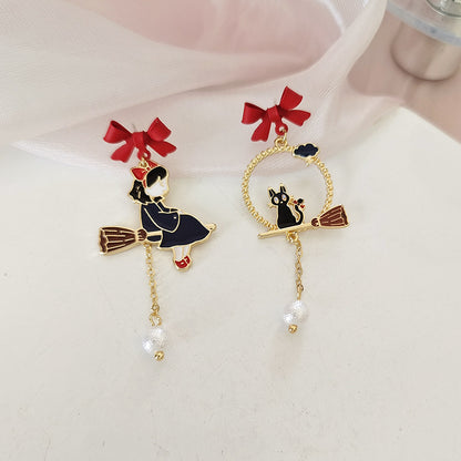 Creative Drip Oil Bow Earrings mismatched witch and cat gold enamel dangle with red bow and pearls