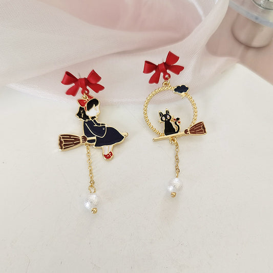 Creative Drip Oil Bow Earrings mismatched witch and cat gold enamel dangle with red bow and pearls