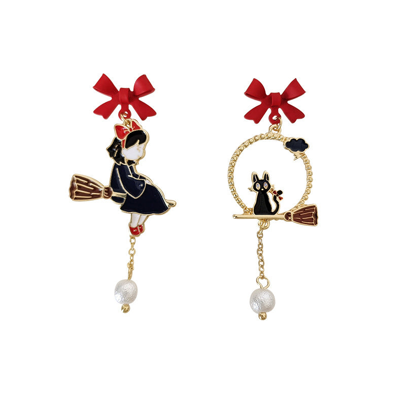 Creative Drip Oil Bow Earrings pair with red bow studs enamel witch on broom and cat in hoop with pearl drop