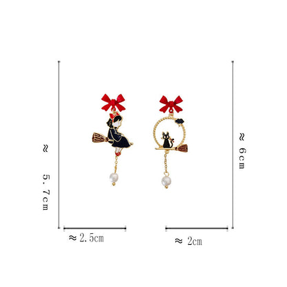 Creative Drip Oil Bow Earrings pair gold enamel witch and cat designs with red bows and pearl drops