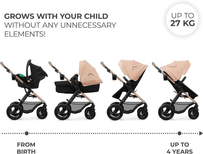 Kinderkraft MOOV2 AIR pram set by Luxurymania24 in beige showing four modes from newborn bassinet to toddler seat